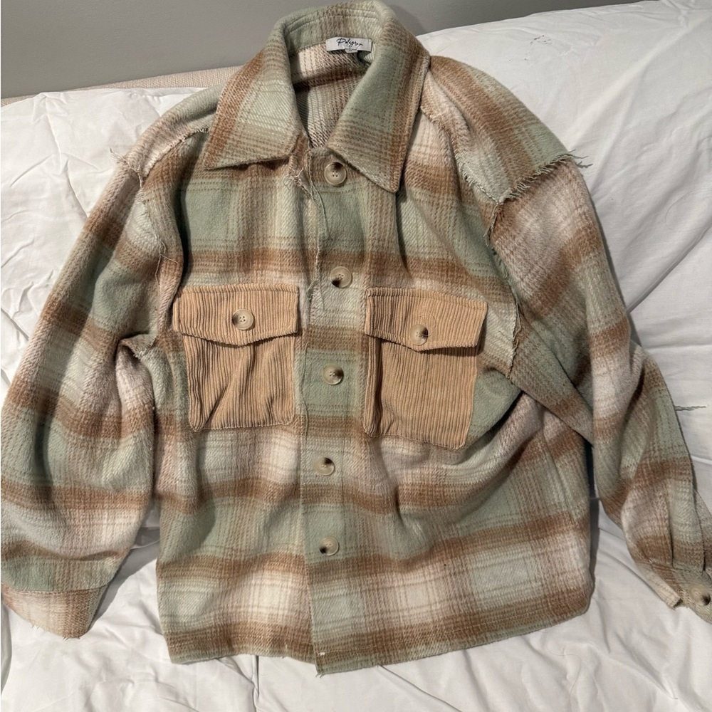 Polagram teal and tan plaid shacket